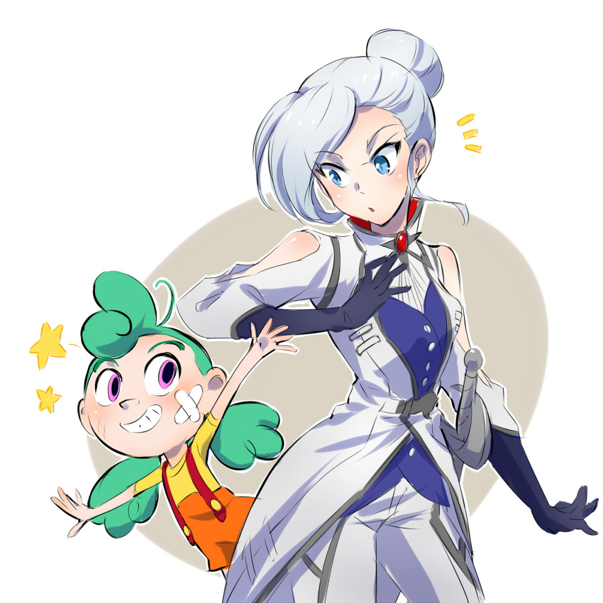 2girls, bandaid, bandaid_on_face, blue_eyes, camp_camp, company_connection, gloves, green_hair, grey_hair, hair_bun, highres, iesupa, military, military_uniform, multiple_girls, nikki_(camp_camp), overalls, pink_eyes, rapier, roosterteeth, rwby, seiyuu_connection, smile, surprised, sword, uniform, weapon, winter_schnee