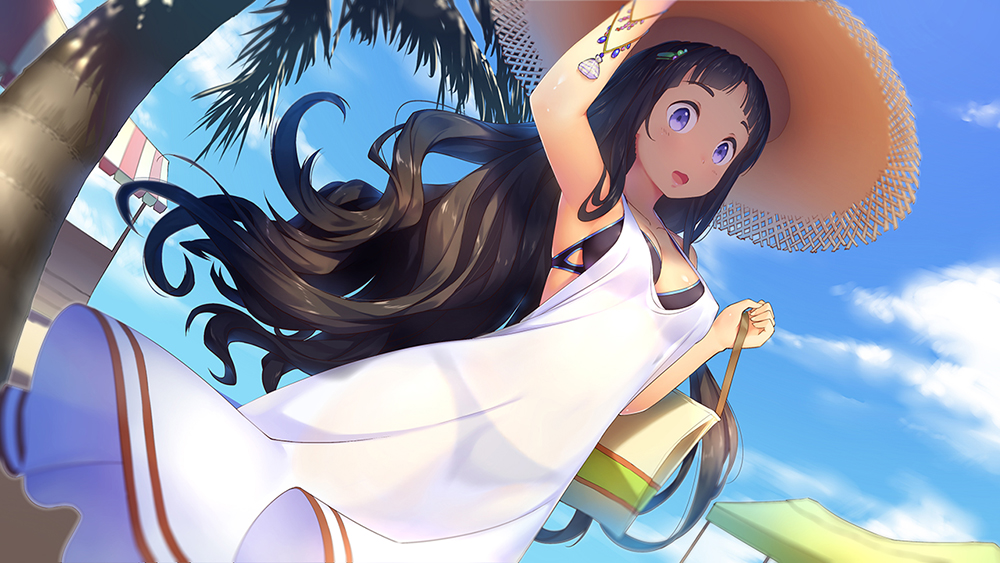 1girl, :d, bag, bangs, bikini, bikini_under_clothes, black_bikini, black_hair