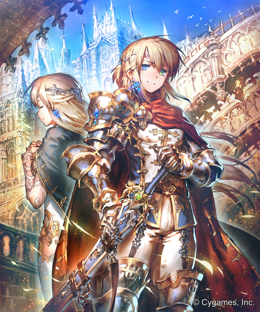 2girls, armor, belt, blonde_hair, blue_eyes, boots, cape, castle, closed_eyes, dress, garter_straps, gauntlets, green_eyes, hands_together, heterochromia, highres, jewelry, long_hair, looking_at_viewer, mary_(shingeki_no_bahamut), multiple_girls, natasha_(shingeki_no_bahamut), official_art, okada_manabi, shingeki_no_bahamut, shoulder_armor, siblings, single_earring, sisters, smile, sparkle, sword, thigh-highs, thigh_boots, tiara, twins, weapon, wind