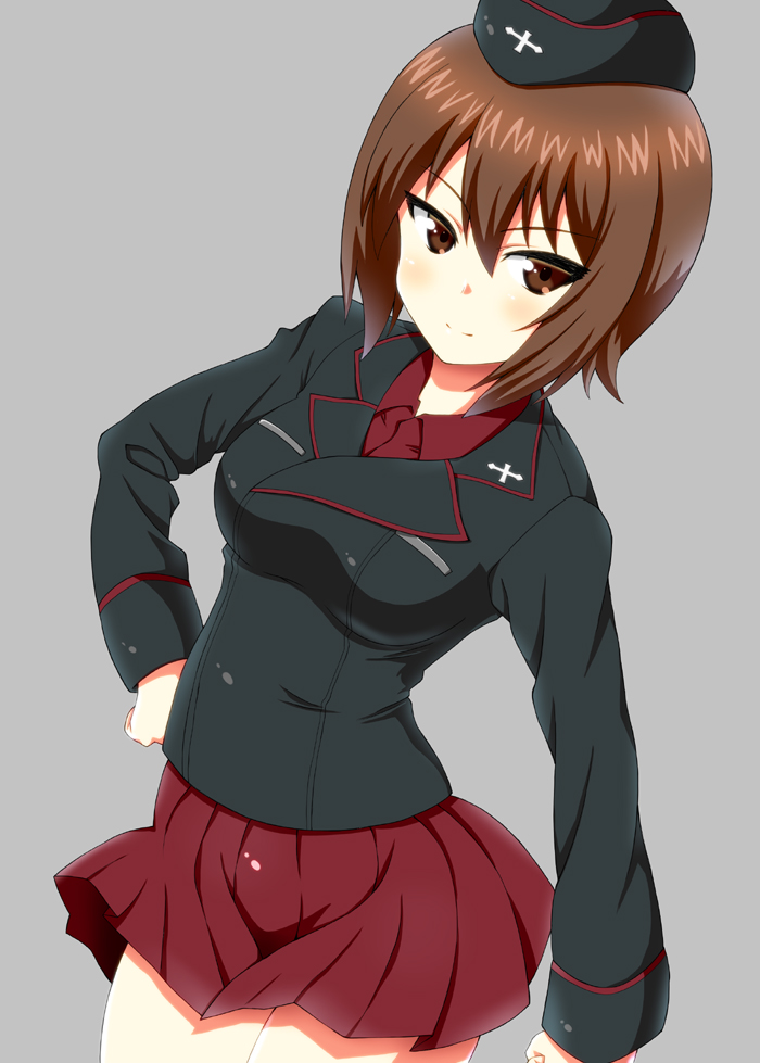 1girl, bangs, black_jacket, blush, brown_eyes, brown_hair, cowboy_shot, dress_shirt, garrison_cap, girls_und_panzer, grey_background, hand_on_hip, hat, jacket, light_smile, long_sleeves, looking_at_viewer, military, military_uniform, miniskirt, nishizumi_maho, pleated_skirt, red_shirt, red_skirt, sawa_(snack_yoshie), shirt, short_hair, simple_background, skirt, solo, standing, uniform