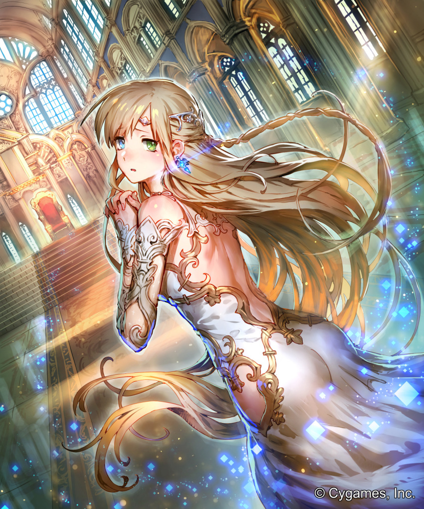 1girl, ass, back, bare_shoulders, blonde_hair, blue_eyes, blush, braid, dress, dutch_angle, green_eyes, hands_together, heterochromia, highres, hip_vent, interlocked_fingers, jewelry, long_hair, looking_at_viewer, looking_back, natasha_(shingeki_no_bahamut), official_art, okada_manabi, open-back_dress, parted_lips, praying, shingeki_no_bahamut, single_earring, solo, throne, throne_room, tiara, very_long_hair, white_dress, window