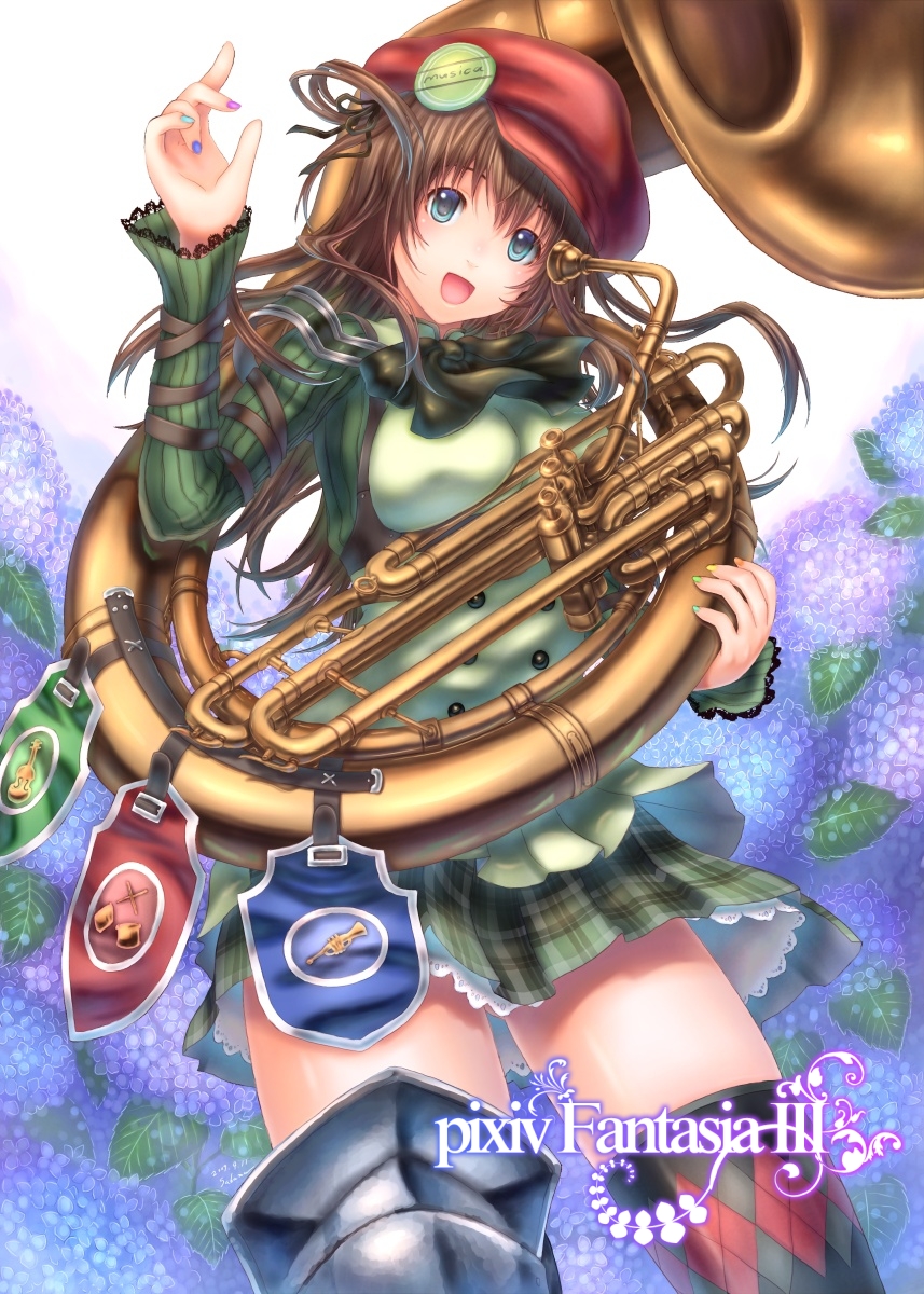 blue_eyes, brown_hair, cabbie_hat, flower, hat, highres, instrument, nail_polish