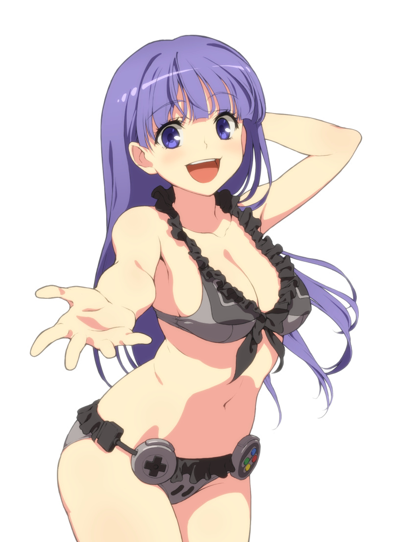 1girl, :d, aoi_kasumi, arm_up, bangs, bare_arms, bikini, blush