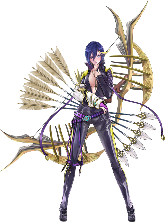 1girl, arrow, artemis_(phantom_of_the_kill), blonde_hair, blue_eyes, blue_hair, blush, bow_(weapon)