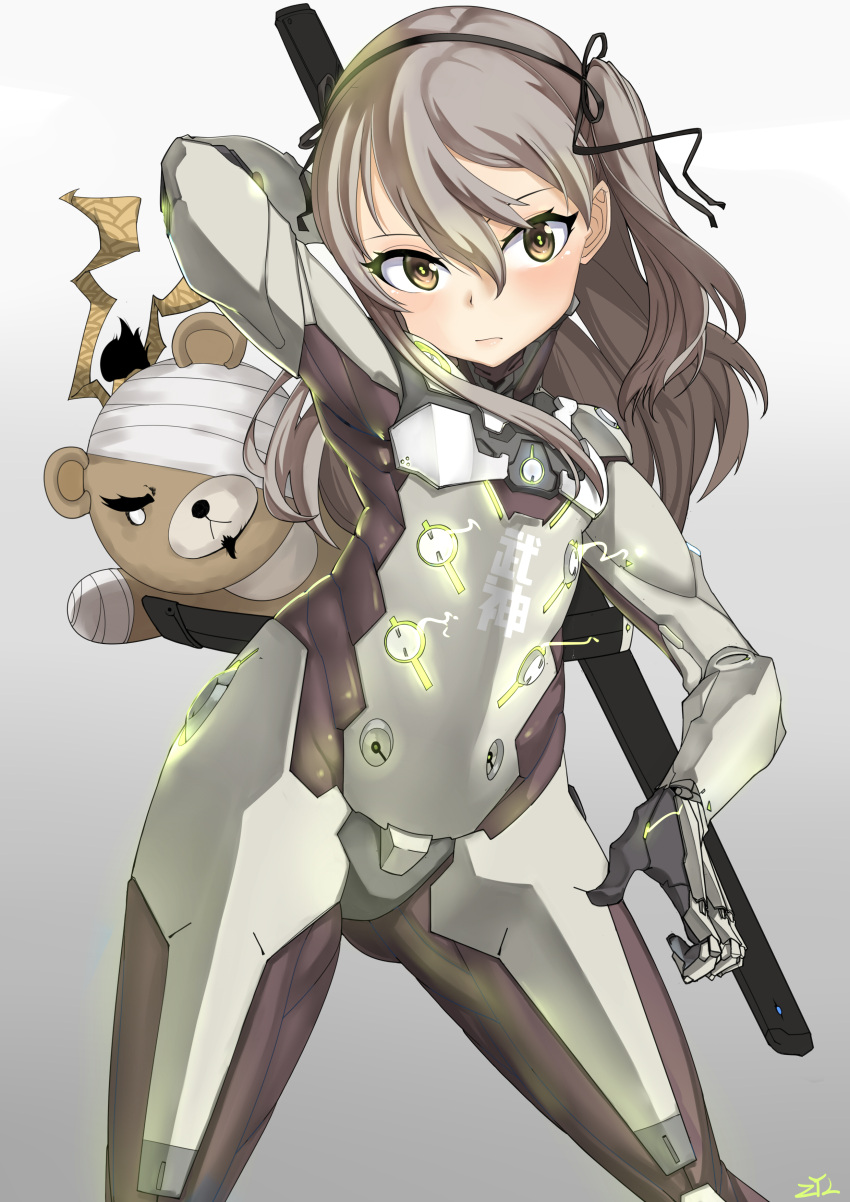 1girl, absurdres, alternate_costume, bandages, blush, bodysuit, boko_(girls_und_panzer), brown_eyes