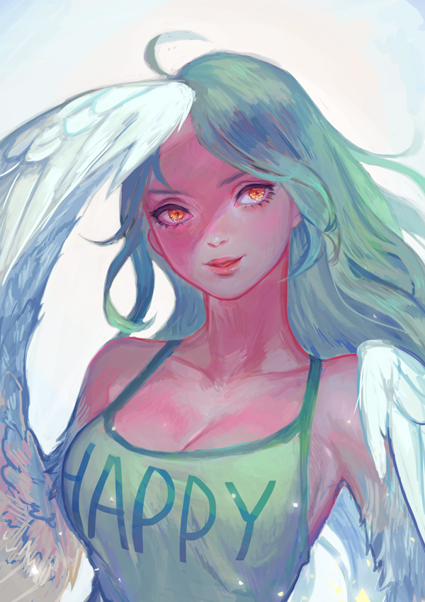1girl, ahoge, bird_wings, breasts, cleavage, clothes_writing, feathered_wings, green_hair