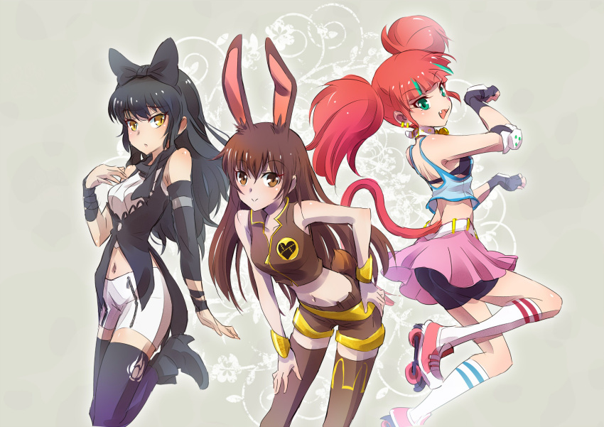 3girls, alternate_legwear, animal_ears, black_hair, blake_belladonna, bow, brown_eyes, brown_hair