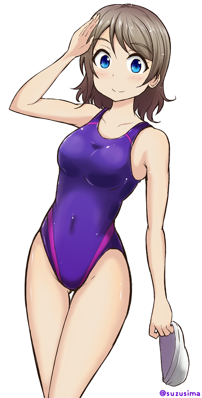 1girl, blue_eyes, brown_hair, competition_swimsuit, highres, love_live!, love_live!_sunshine!!, one-piece_swimsuit