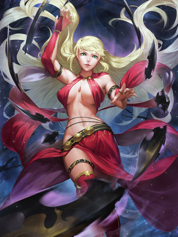 1girl, black_light, blonde_hair, breasts, green_eyes, jewelry, long_hair, midriff