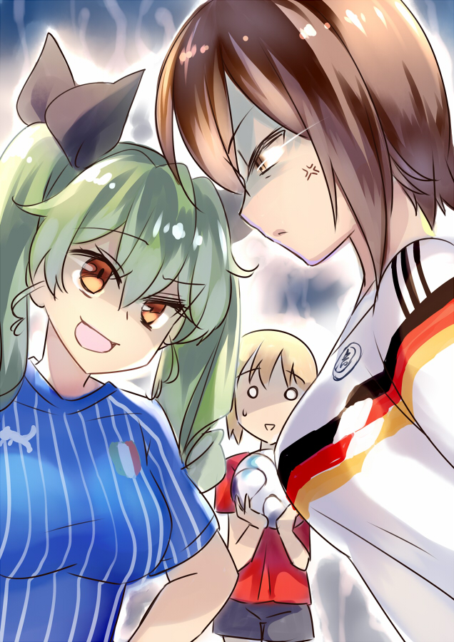 3girls, alternate_costume, anchovy, anger_vein, angry, aura, ball, bangs