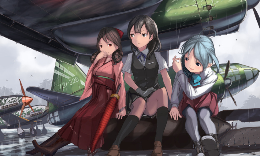 3girls, aircraft, airplane, black_hair, brown_hair, doraxi, drill_hair, gloves, grey_eyes, grey_hair, hakama, harukaze_(kantai_collection), japanese_clothes, kantai_collection, kawasaki_ki-61_hien, kimono, kiyoshimo_(kantai_collection), long_hair, meiji_schoolgirl_uniform, mitsubishi_g4m, multiple_girls, oyashio_(kantai_collection), pantyhose, rain, red_eyes, school_uniform, twin_drills, vest, white_gloves