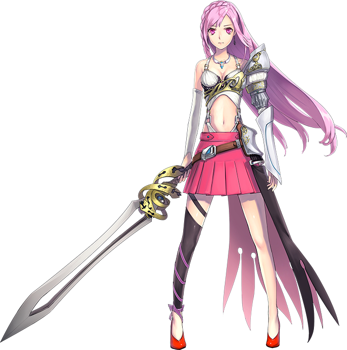 1girl, braid, breasts, cleavage, earrings, full_body, jewelry, long_hair, midriff, miniskirt, navel, necklace, official_art, phantom_of_the_kill, pink_eyes, pink_hair, simple_background, skirt, solo, sword, tyrfing_(phantom_of_the_kill), very_long_hair, weapon, white_background