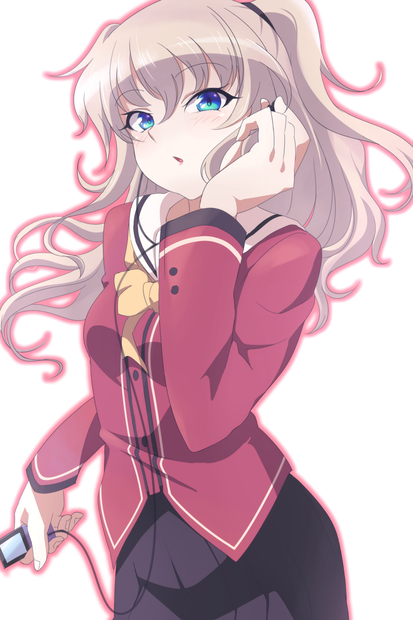 1girl, absurdres, blue_eyes, charlotte_(anime), digital_media_player, earphones, highres, kurosa_kichi