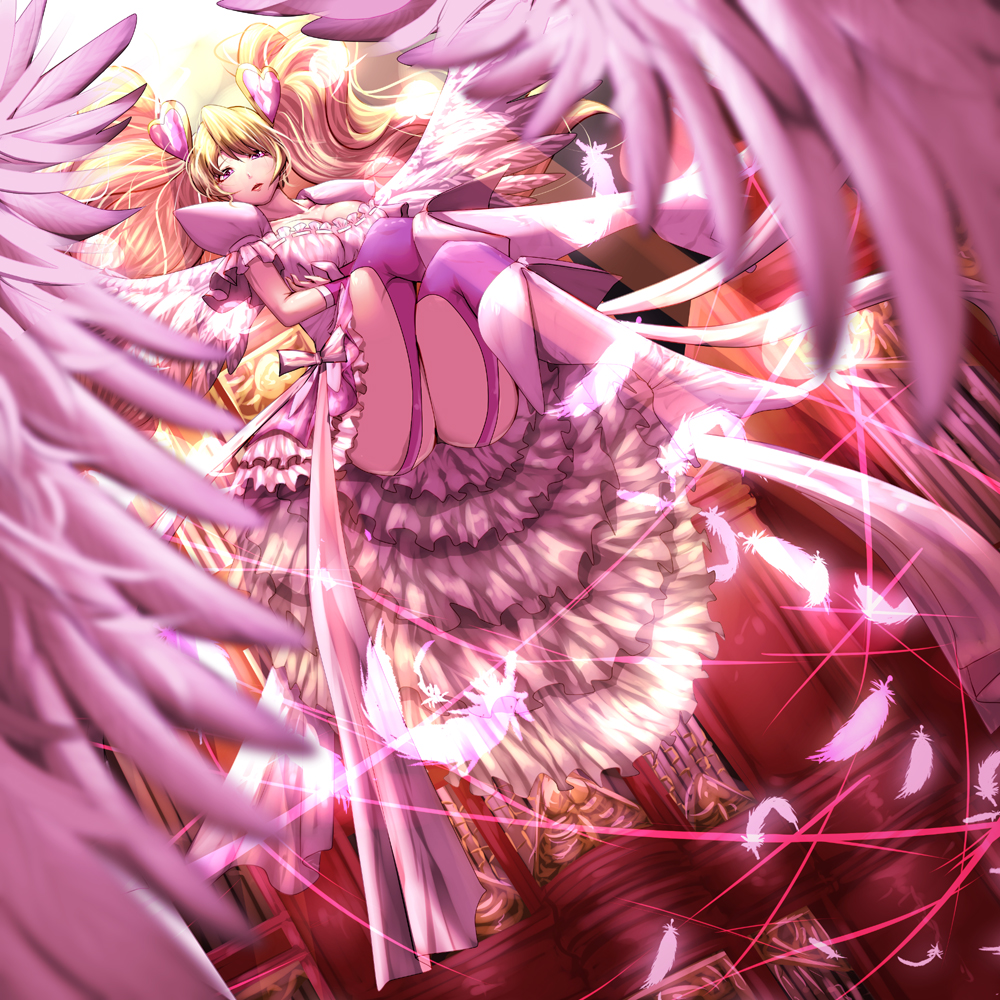 1girl, blonde_hair, breasts, cleavage, cure_angel_(fresh_precure!), cure_peach, fresh_precure!, garter_straps, hair_ornament, harihisa, heart_hair_ornament, long_hair, magical_girl, momozono_love, pink_eyes, precure, solo, thigh-highs, twintails, wings