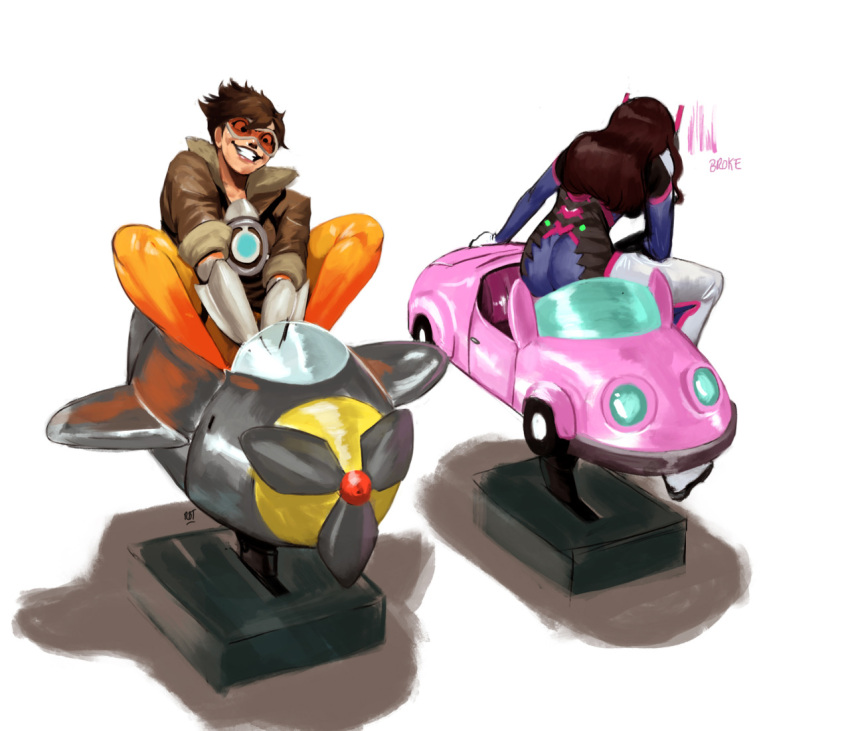2girls, bodysuit, bomber_jacket, brown_hair, d.va_(overwatch), goggles, grin, headphones