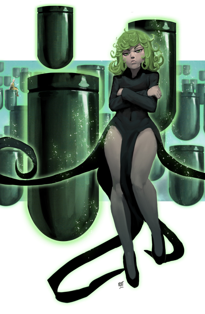 1boy, 1girl, black_dress, bomb, covered_navel, crossed_arms, curly_hair, dress