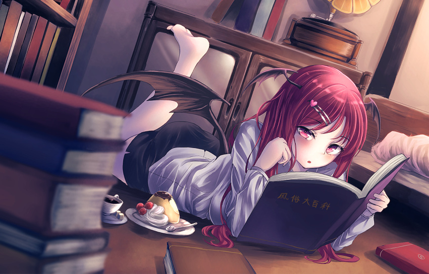 1girl, :o, ass, barefoot, bed, black_skirt, blurry, blush