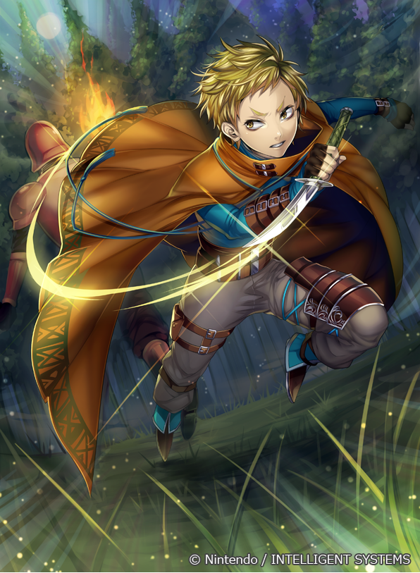 1boy, boots, brown_eyes, brown_hair, cape, chad_(fire_emblem), copyright_name, dagger