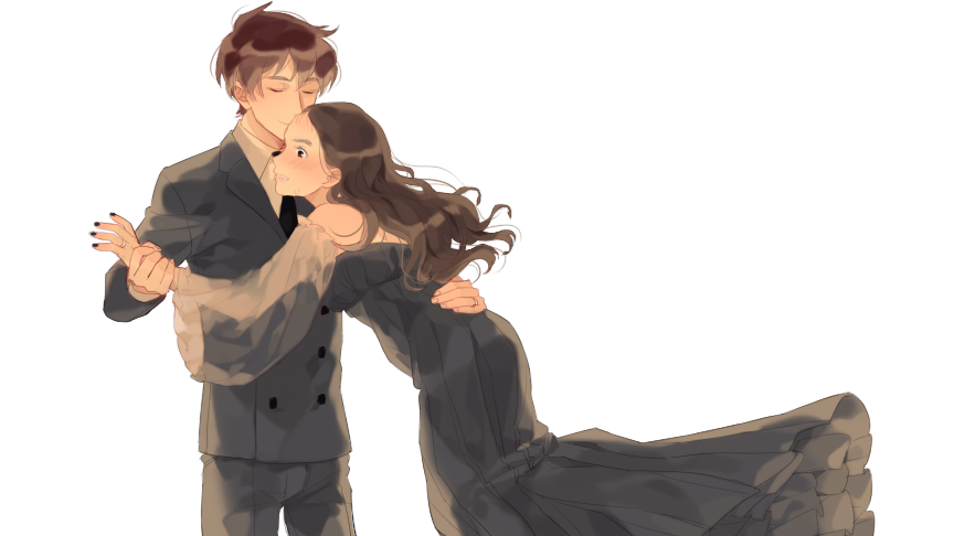 1boy, 1girl, bangs, bare_shoulders, black_eyes, black_nails, black_necktie, blush, brown_hair, buttons, closed_mouth, collared_shirt, couple, detached_sleeves, doi_hansuke, double-breasted, dress, forehead_kiss, formal, genderswap, genderswap_(mtf), grey_dress, grey_jacket, grey_pants, hetero, jewelry, kiss, long_dress, long_hair, long_sleeves, moroizumi_sonnamon, nail_polish, necktie, pants, profile, pulling, rakudai_ninja_rantarou, ring, sachiko_(suzume_0141), see-through, shirt, simple_background, standing, suit, surprised, wedding_band, white_background, white_shirt