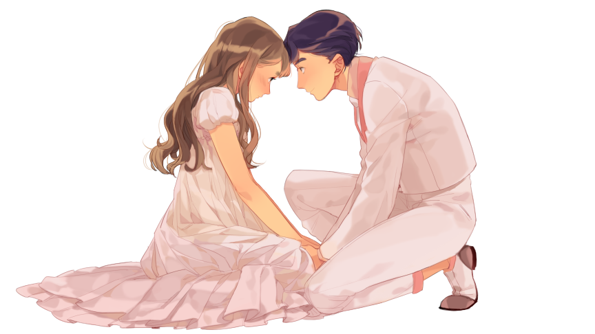1boy, 1girl, bangs, bare_arms, black_hair, blush, brown_hair, closed_mouth, collared_shirt, couple, dress, eye_contact, forehead-to-forehead, formal, from_side, genderswap, genderswap_(mtf), hetero, holding_hands, imafuku_hikoshirou, jacket, kaminoshima_ippei, long_dress, long_hair, long_sleeves, looking_at_another, necktie, one_knee, pants, pink_shirt, profile, puffy_short_sleeves, puffy_sleeves, rakudai_ninja_rantarou, sachiko_(suzume_0141), shirt, short_sleeves, simple_background, suit, wavy_hair, white_background, white_dress, white_jacket, white_necktie, white_pants