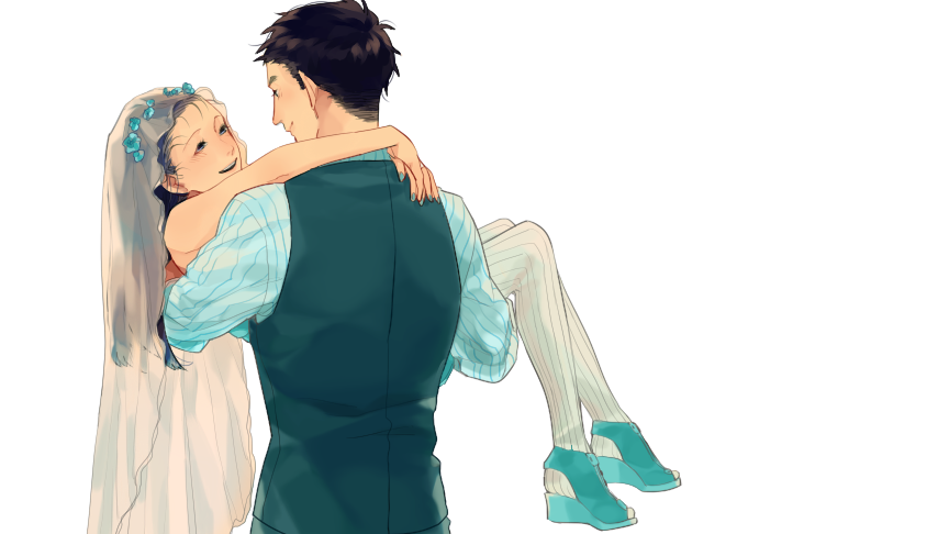 1boy, 1girl, arm_around_shoulder, back, bangs, black_eyes, black_hair, brown_hair, carrying, closed_mouth, couple, eye_contact, formal, genderswap, genderswap_(mtf), hetero, long_hair, long_sleeves, looking_at_another, pantyhose, princess_carry, rakudai_ninja_rantarou, sachiko_(suzume_0141), satake_torawaka, see-through, simple_background, smile, suit, veil, white_background, yumesaki_sanjirou