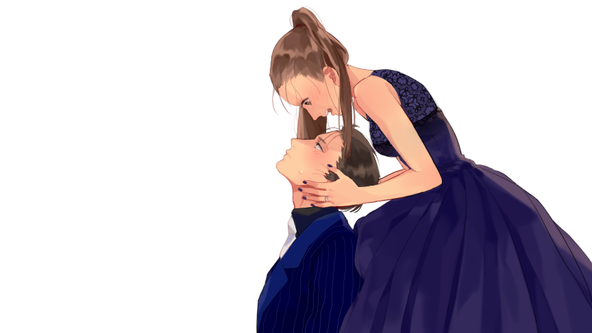 1boy, 1girl, bangs, bare_arms, black_shirt, blue_dress, blue_jacket, blush, breasts, brown_hair, closed_mouth, couple, dress, eye_contact, face_down, formal, from_side, genderswap, genderswap_(mtf), hetero, jacket, jewelry, kawanishi_sakon, kosaka_jinnaizaemon, lace, long_dress, long_hair, long_sleeves, looking_at_another, looking_down, looking_up, medium_breasts, nail_polish, necktie, open_mouth, ponytail, profile, rakudai_ninja_rantarou, ring, sachiko_(suzume_0141), shirt, simple_background, sleeveless, sleeveless_dress, suit, wedding_band, white_background, white_necktie