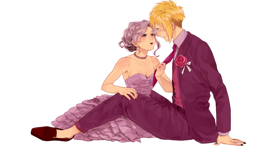 1boy, 1girl, arm_support, ayabe_kihachirou, bangs, bare_arms, bare_shoulders, bead_necklace