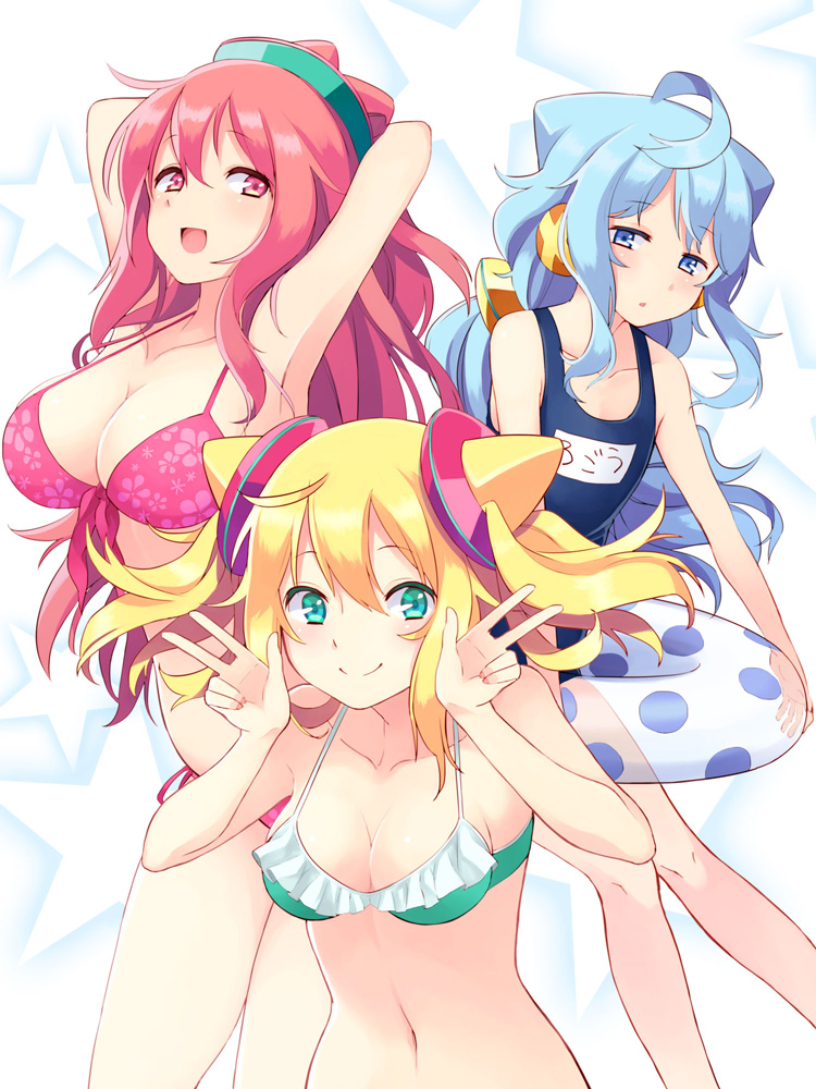 1boy, 2girls, :d, :o, ahoge, armpits, arms_behind_head, bikini