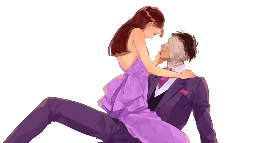 1boy, 1girl, ascot, bandaged_head, bangs, bare_shoulders, black_hair, brown_hair, closed_eyes, closed_mouth, couple, dress, formal, from_side, genderswap, genderswap_(mtf), hand_on_another's_cheek, hand_on_another's_face, hand_on_another's_shoulder, hetero, long_dress, long_hair, long_sleeves, looking_at_another, older, pocket, profile, purple_dress, rakudai_ninja_rantarou, sachiko_(suzume_0141), simple_background, sitting, sitting_on_person, smile, strapless, strapless_dress, suit, tsurumachi_fushikizou, waistcoat, white_background, zatto_konnamon