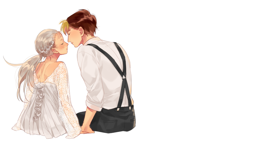 1boy, 1girl, back, bangs, black_pants, blush, brown_hair, closed_eyes