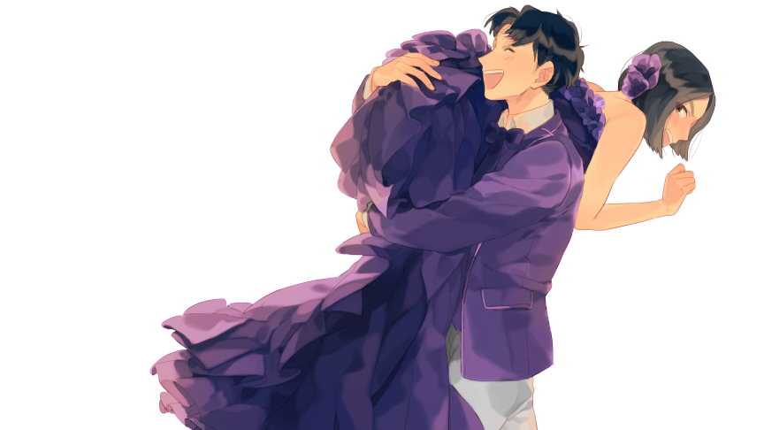 1boy, 1girl, ^_^, bangs, bare_arms, bare_shoulders, black_eyes, black_hair, blush, bow, bowtie, brown_hair, carrying_over_shoulder, closed_eyes, collared_shirt, couple, dress, flower, formal, from_side, genderswap, genderswap_(mtf), hair_flower, hair_ornament, hetero, jacket, katou_danzou, laughing, long_dress, long_sleeves, looking_at_another, looking_back, ningyou_sakichi, pants, pocket, profile, purple_dress, purple_jacket, rakudai_ninja_rantarou, sachiko_(suzume_0141), shirt, short_hair, simple_background, strapless, strapless_dress, suit, walking, white_background, white_pants, white_shirt