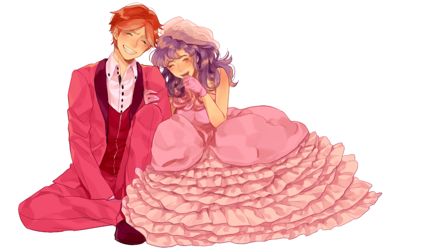 1boy, 1girl, ^_^, arm_holding, bangs, bare_shoulders, blush, brown_hair, closed_eyes, collared_shirt, couple, dress, dress_shirt, formal, full_body, genderswap, genderswap_(mtf), gloves, hand_on_another's_arm, head_tilt, hetero, jacket, jewelry, laughing, layered_dress, leaning_on_person, long_dress, long_hair, long_sleeves, open_clothes, open_jacket, parted_bangs, pink_dress, pink_gloves, purple_hair, rakudai_ninja_rantarou, redhead, ring, sachiko_(suzume_0141), sannanda_kazuma, see-through, shirt, shoes, simple_background, sitting, suit, tomatsu_sakubee, veil, waistcoat, wedding_band, white_background, white_shirt