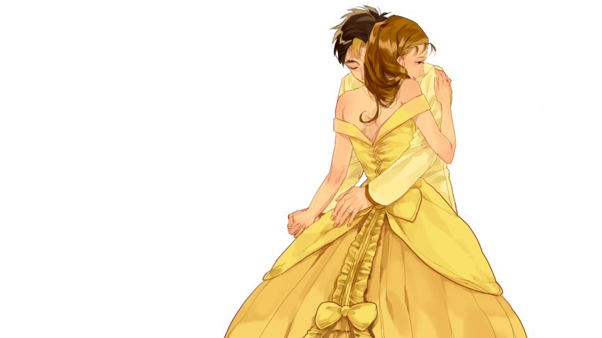 1boy, 1girl, back, bangs, black_eyes, black_hair, blonde_hair, bow