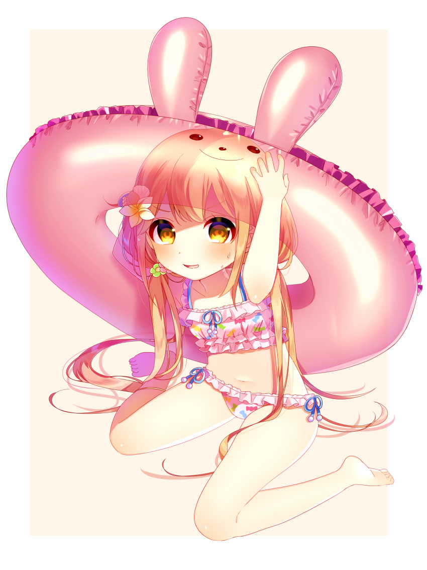 1girl, :d, absurdres, bare_arms, bare_legs, barefoot, beads, beige_background