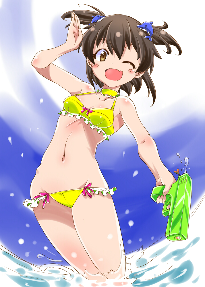 1girl, ;d, battle_girl_high_school, bikini, blush_stickers, breasts, brown_eyes, brown_hair