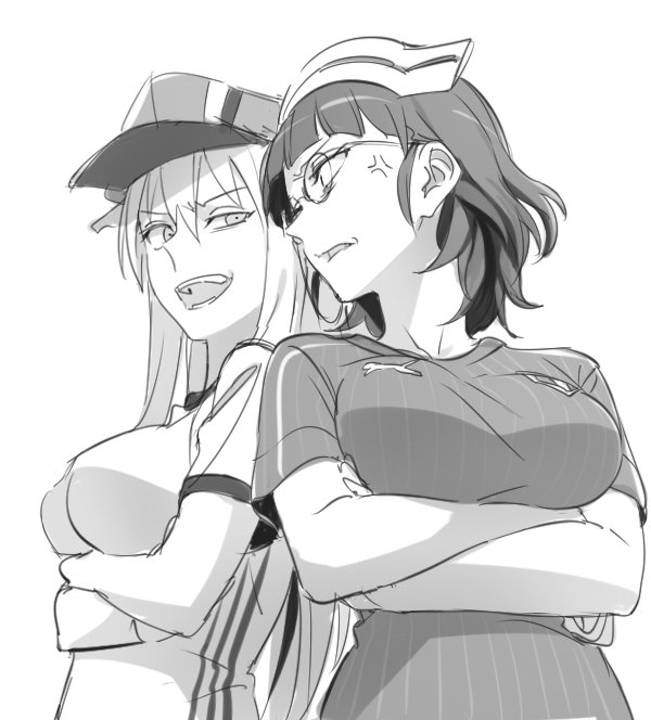 2girls, alternate_costume, anger_vein, bismarck_(kantai_collection), breasts, commentary, euro_2016, eyebrows