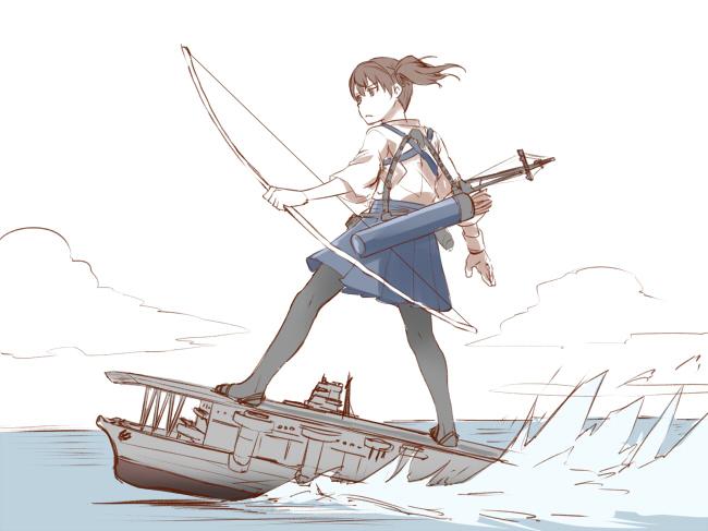 1girl, aircraft_carrier, bow_(weapon), commentary_request, ishii_hisao, kaga_(aircraft_carrier), kaga_(kantai_collection), kantai_collection