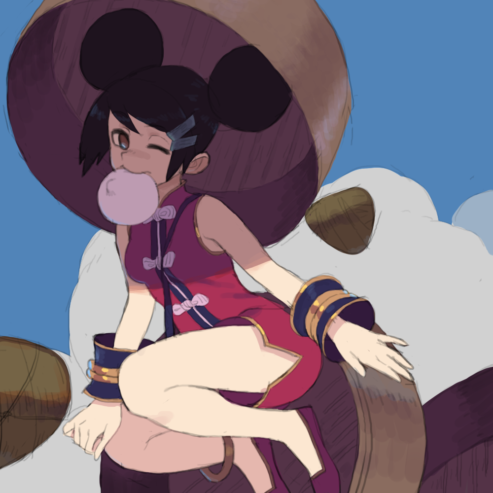 1girl, anklet, baozi, bracelet, bravo233, chinese_clothes, double_bun, dragon_gal, food, jewelry, mouth_hold, mui_mui_(snk), solo, the_king_of_fighters, the_king_of_fighters_xiv