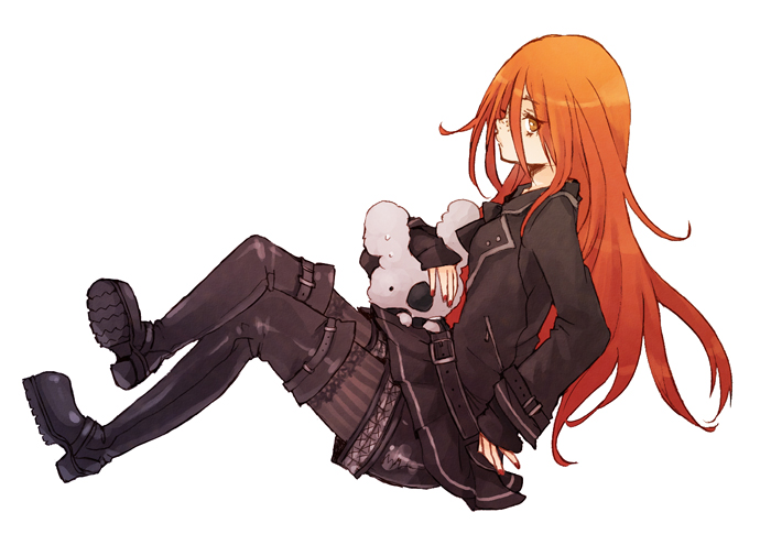 1girl, animal, belt, belt_buckle, black_boots, black_jacket, black_legwear, black_shorts, boots, buckle, crossed_legs, eyelashes, freckles, from_side, full_body, hair_between_eyes, hunter_x_hunter, jacket, kite_(chimera_ant)_(hunter_x_hunter), koala, koala_(hunter_x_hunter), kobayashi_kabura, leaning_back, long_hair, long_sleeves, looking_at_viewer, nail_polish, orange_eyes, orange_hair, pantyhose, profile, red_nails, redhead, shoe_soles, shorts, simple_background, sitting, spoilers, striped, striped_legwear, sweatdrop, thigh-highs, thigh_boots, thigh_strap, vertical-striped_legwear, vertical_stripes, white_background