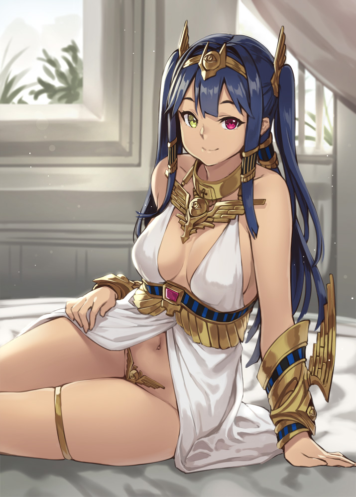 1girl, arm_guards, arm_support, babydoll, bare_shoulders, bed, bed_sheet, blurry