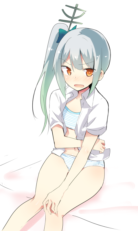 1girl, blue_hair, blush, bra, headgear, kantai_collection, kasumi_(kantai_collection), long_hair