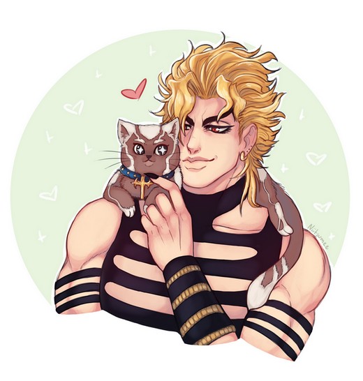 +_+, 1boy, animal, animal_on_shoulder, animalization, birthmark, blonde_hair, cat, collar, dio_brando, earrings, enrico_pucci, heart, jewelry, jojo_no_kimyou_na_bouken, male_focus, muscle, niitsumee, red_eyes, smile, upper_body, whiskers