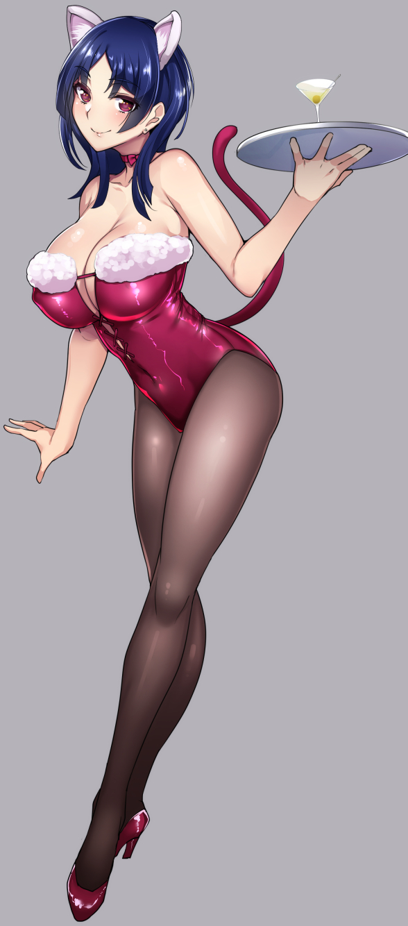 1girl, active_raid, animal_ears, black_legwear, blue_hair, blush, bow, bowtie