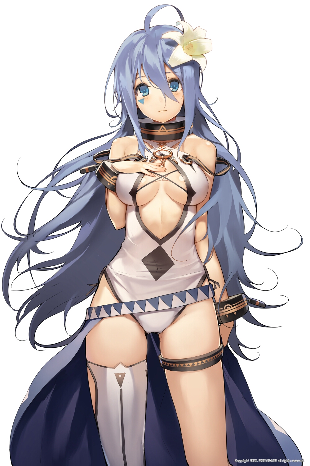 1girl, 2016, ahoge, bare_shoulders, blue_eyes, blue_hair, breast_suppress, breasts
