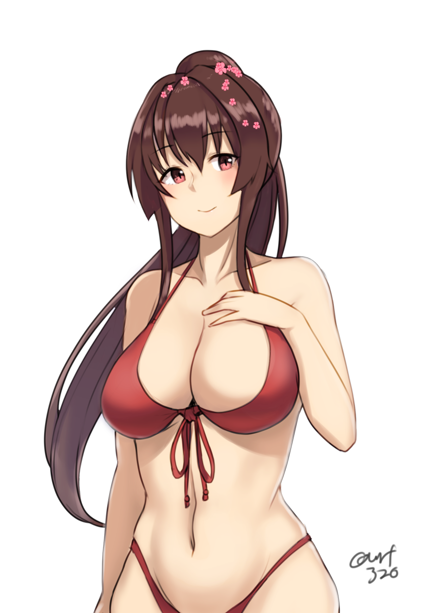 1girl, bikini, blush, breasts, brown_hair, cleavage, flower, hair_flower