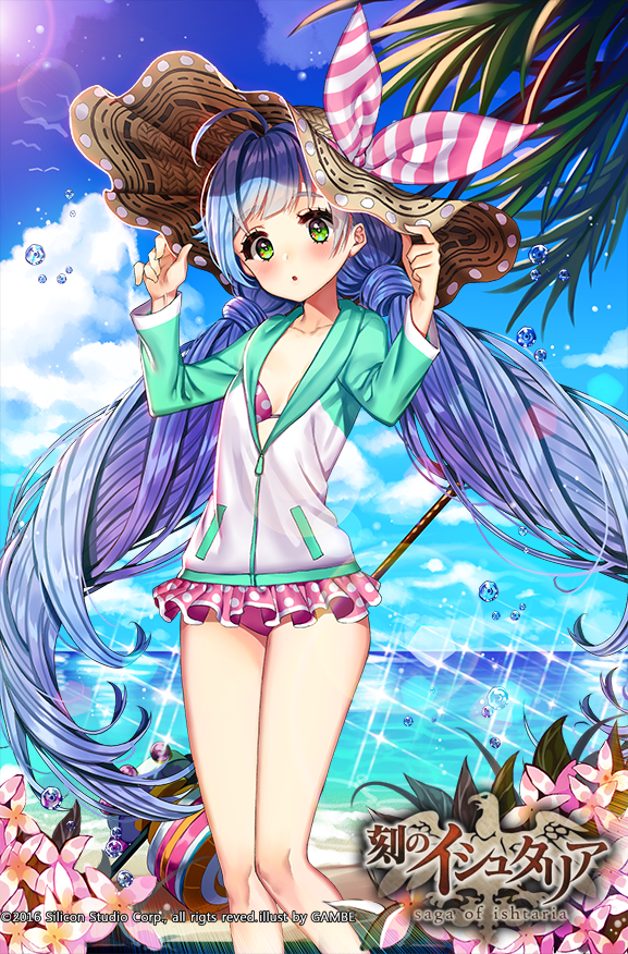 1girl, 2016, :o, ahoge, artist_name, beach, bikini, bird