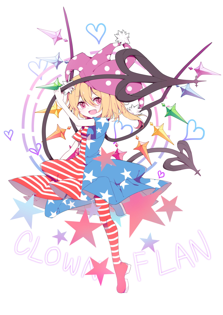 1girl, absurdres, american_flag_dress, american_flag_legwear, blonde_hair, character_name, clownpiece, clownpiece_(cosplay)