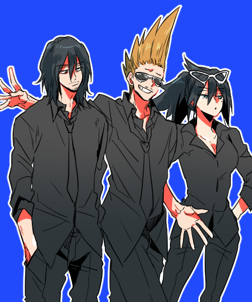 1girl, 2boys, aizawa_shouta, black_hair, black_necktie, black_pants, black_shirt, blue_background