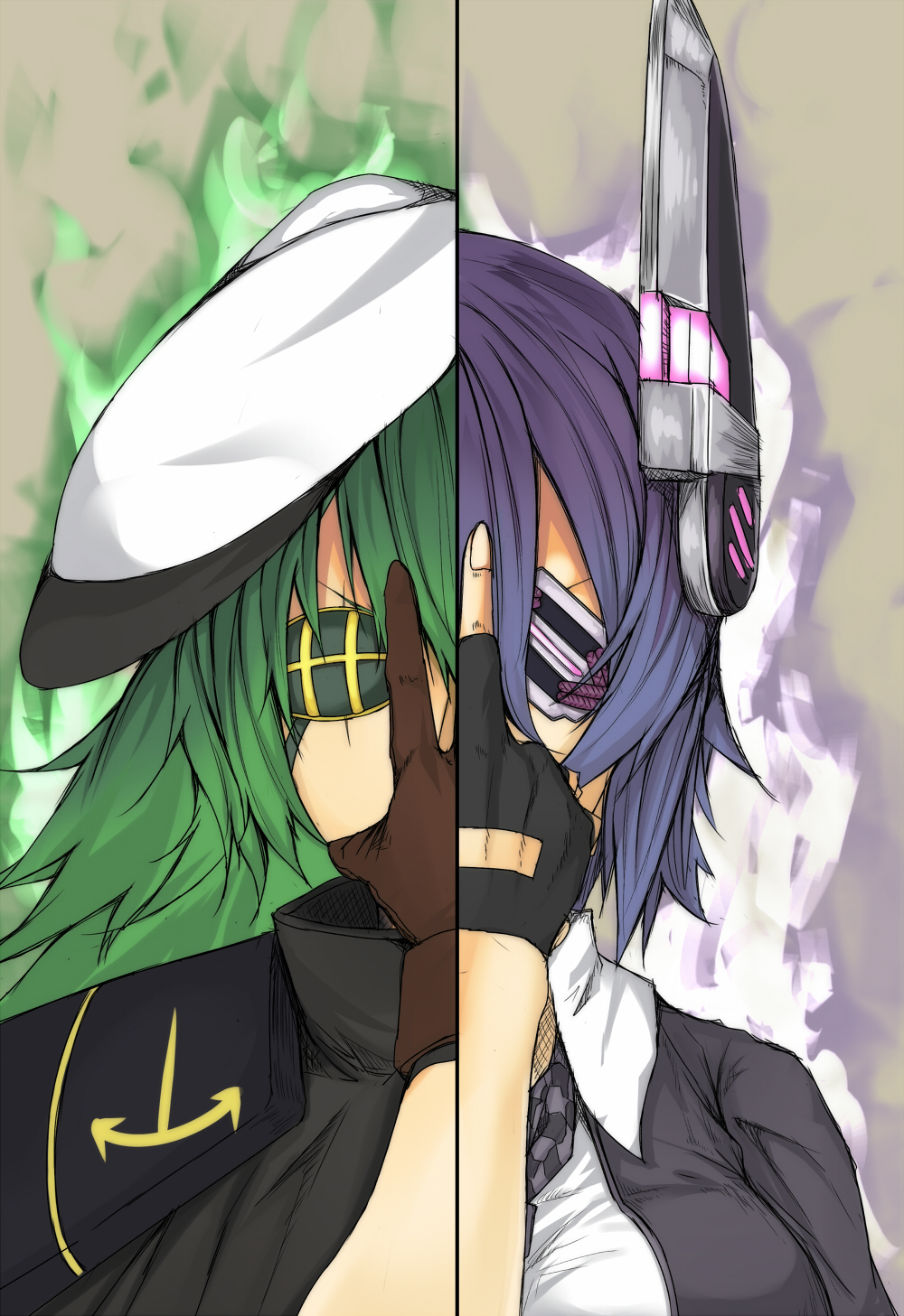2girls, aura, black_gloves, breasts, brown_gloves, cape, checkered, checkered_necktie