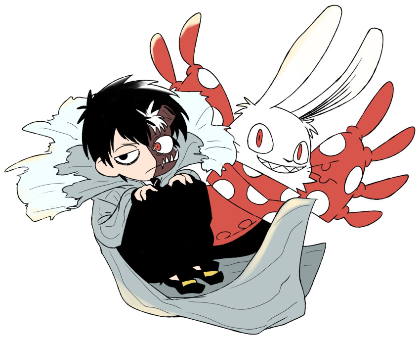 2boys, black_hair, bunny_head, cape, formal, highres, isana_(oumagadoki_doubutsuen), multiple_boys